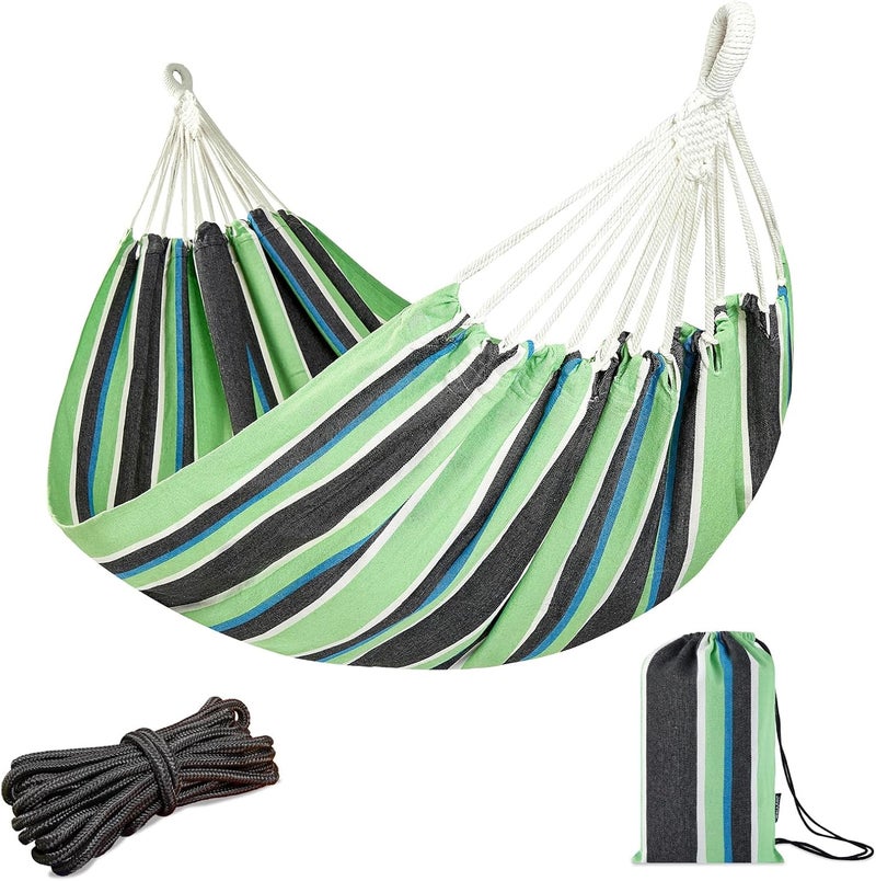 JoyView Brazilian Double Hammock with Hanging Ropes Extra Large 86.6x59” Portable Cotton Hammock for Patio Backyard Porch 450LBS Weight Capacity Perfect for Outdoor/Indoor - Green/Black Stripe - Image 1